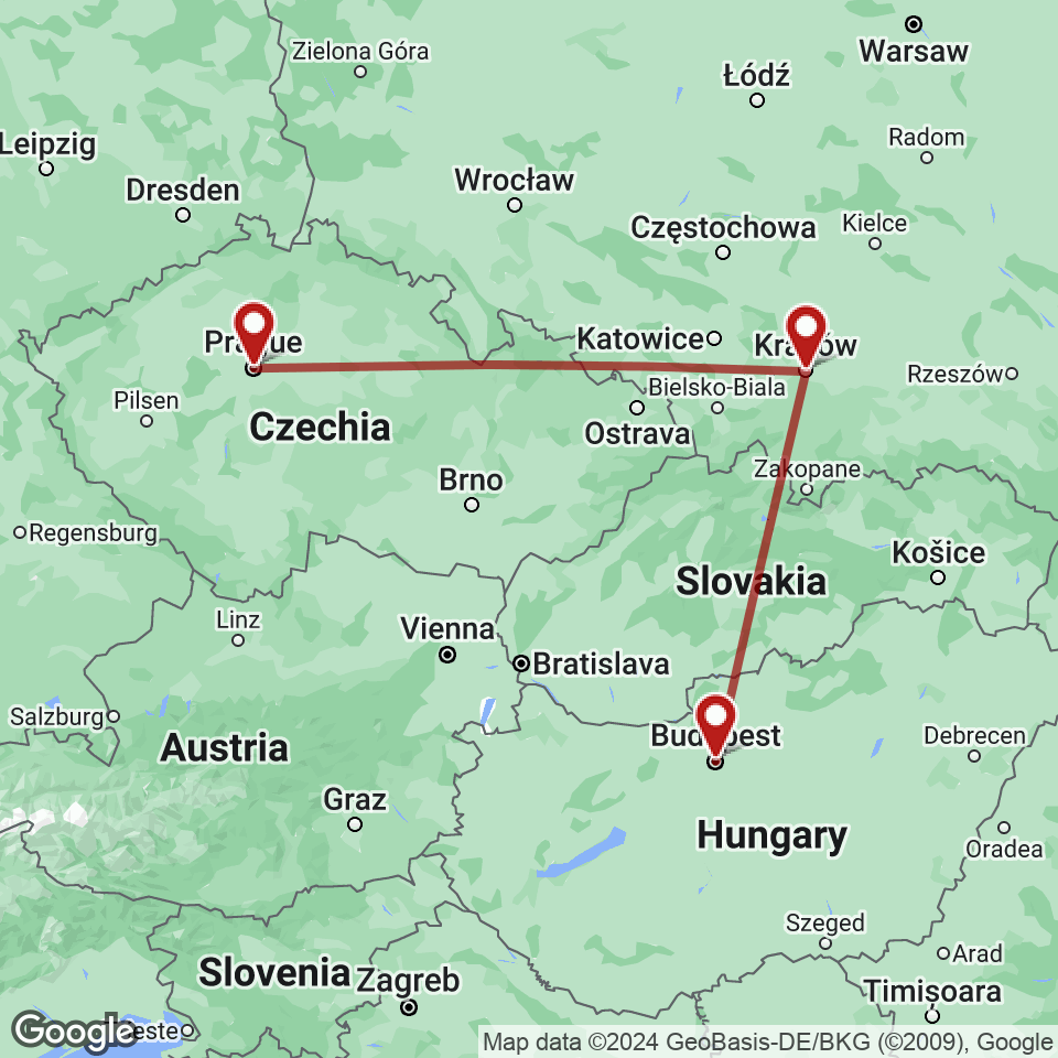 Route for Prague, Krakow, Budapest tour